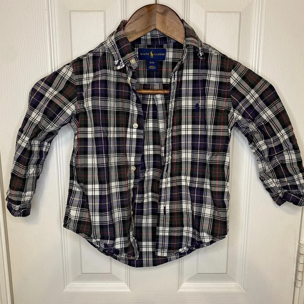 Ralph Lauren Toddler Boys Purple Black Plaid Button Down Shirt 3T Long Sleeve
